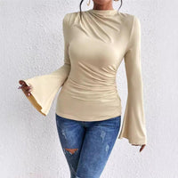 Stylish Tops & Blouses for Women – Trendy & Elegant Blouses for Every Occasion | Modestly Vogue Autumn Winter Pleating Bell Sleeve Stand up Collar Slim Fit T shirt - Modestly Vogue 