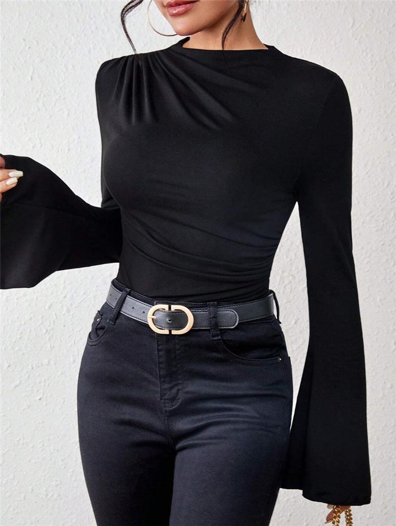 Stylish Tops & Blouses for Women – Trendy & Elegant Blouses for Every Occasion | Modestly Vogue Autumn Winter Pleating Bell Sleeve Stand up Collar Slim Fit T shirt - Modestly Vogue 