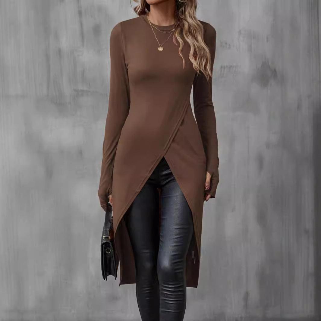 Long Sleeve Slim Fit Dress – Sexy Round Neck Split Hem Winter Style - Modestly Vogue 