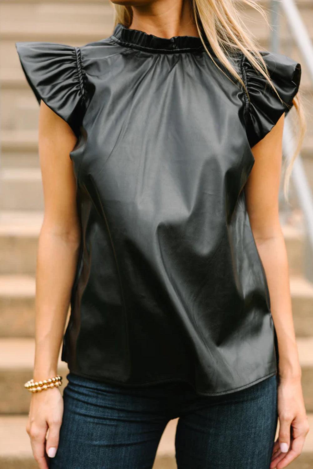 Tops & Blouses| Black Solid Color Leather Frill Neck Ruffle Blouse - Modestly Vogue 