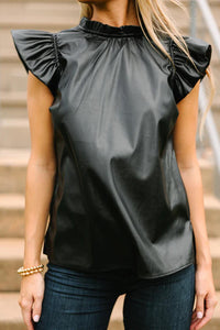 Tops & Blouses| Black Solid Color Leather Frill Neck Ruffle Blouse - Modestly Vogue 