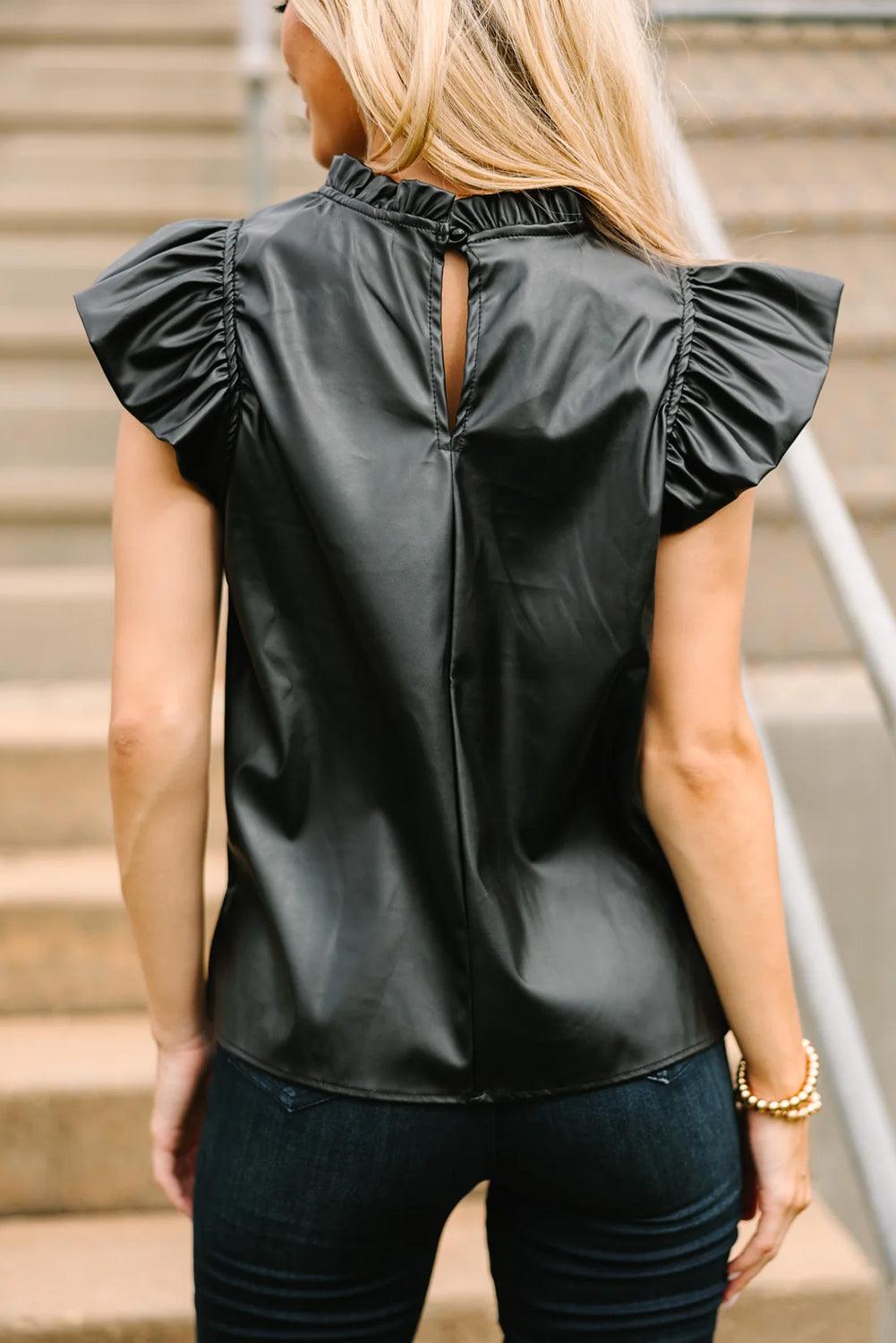 Tops & Blouses| Black Solid Color Leather Frill Neck Ruffle Blouse - Modestly Vogue 