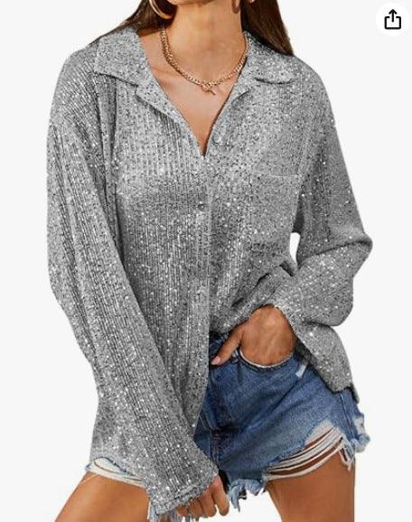 Tops Blouses Women – Blouses | Fall Women Fashionable Sequ Long Sleeve Collared Casual Shirt - Modestly Vogue 