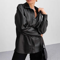 Fleece lined Faux Leather Loose Black Leather Blazer Coat - Modestly Vogue 