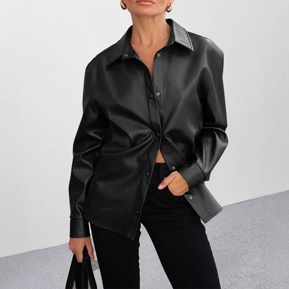 Fleece lined Faux Leather Loose Black Leather Blazer Coat - Modestly Vogue 