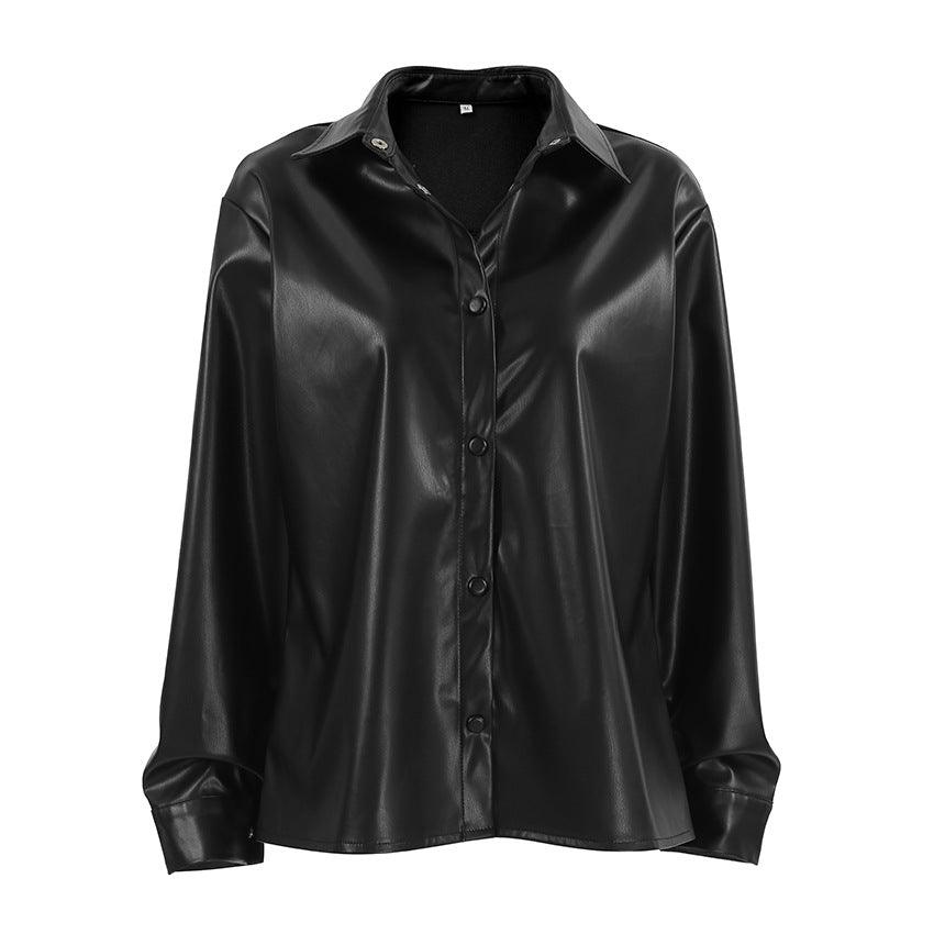 Fleece lined Faux Leather Loose Black Leather Blazer Coat - Modestly Vogue 