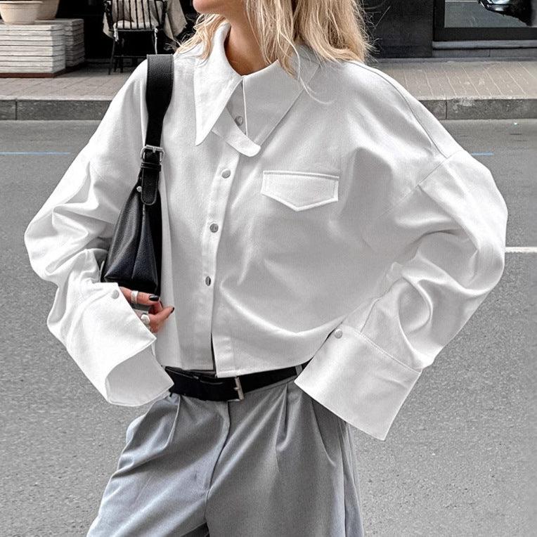 Tops Blouses Women – Blouses | French Collared Loose Pure Cotton Short Sense of Design Shirt Fall Winter Top Women - Modestly Vogue 