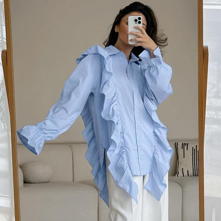 Tops Blouses Women – Blouses | French Collared Ruffled Loose Shirt Spring Summer Top - Modestly Vogue 