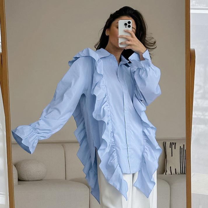 Tops Blouses Women – Blouses | French Collared Ruffled Loose Shirt Spring Summer Top - Modestly Vogue 