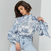 Tops Blouses Women – Blouses | French Loose Lantern Sleeve Tie Neck Printed Women Lace up Shirt - Modestly Vogue 