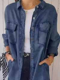 Denim Tops Blouses – Blouses | Full Raw Hem Button Up Long Sleeve Top - Modestly Vogue 