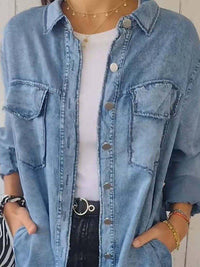 Denim Tops Blouses – Blouses | Full Raw Hem Button Up Long Sleeve Top - Modestly Vogue 