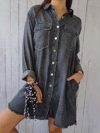 Denim Tops Blouses – Blouses | Full Raw Hem Button Up Long Sleeve Top - Modestly Vogue 