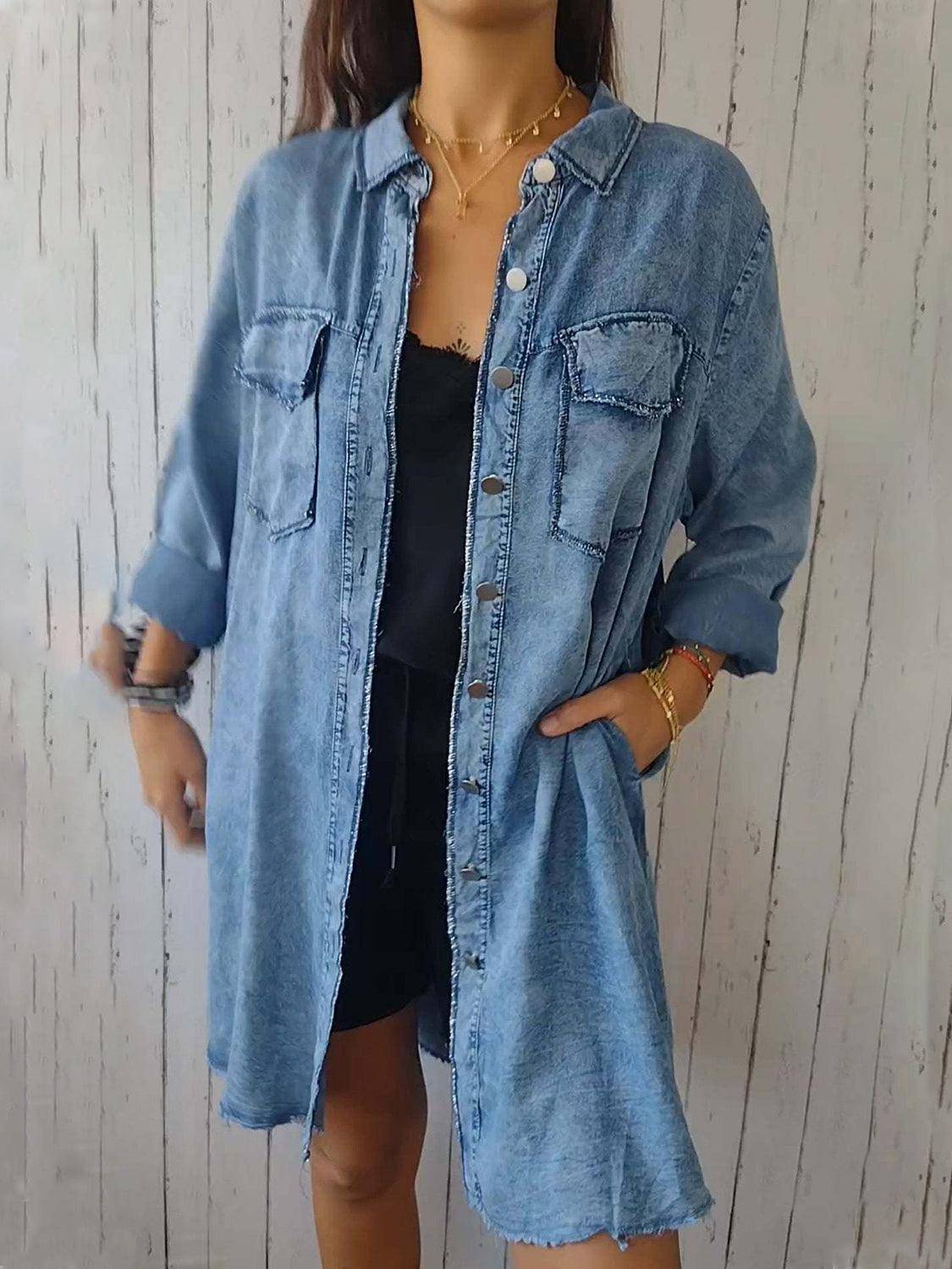 Denim Tops Blouses – Blouses | Full Raw Hem Button Up Long Sleeve Top - Modestly Vogue 