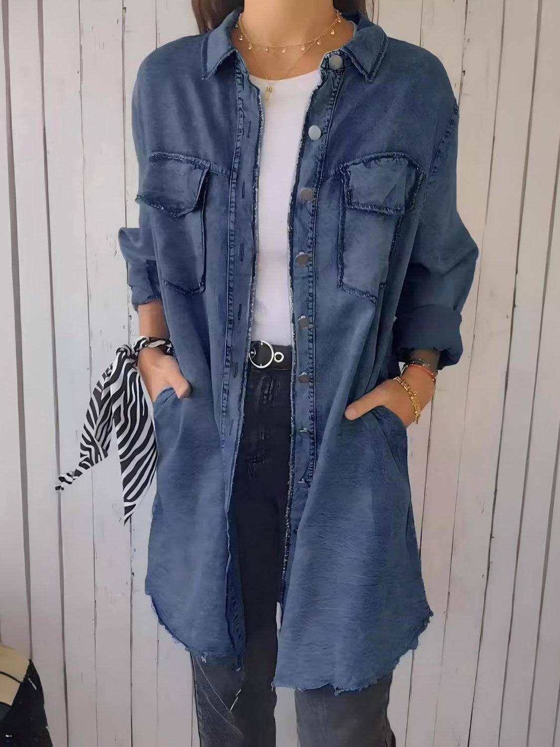 Denim Tops Blouses – Blouses | Full Raw Hem Button Up Long Sleeve Top - Modestly Vogue 