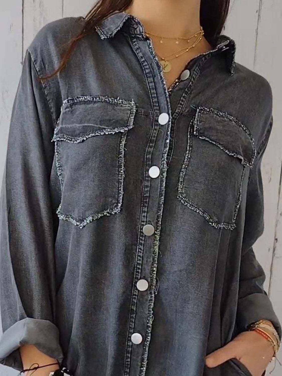 Denim Tops Blouses – Blouses | Full Raw Hem Button Up Long Sleeve Top - Modestly Vogue 