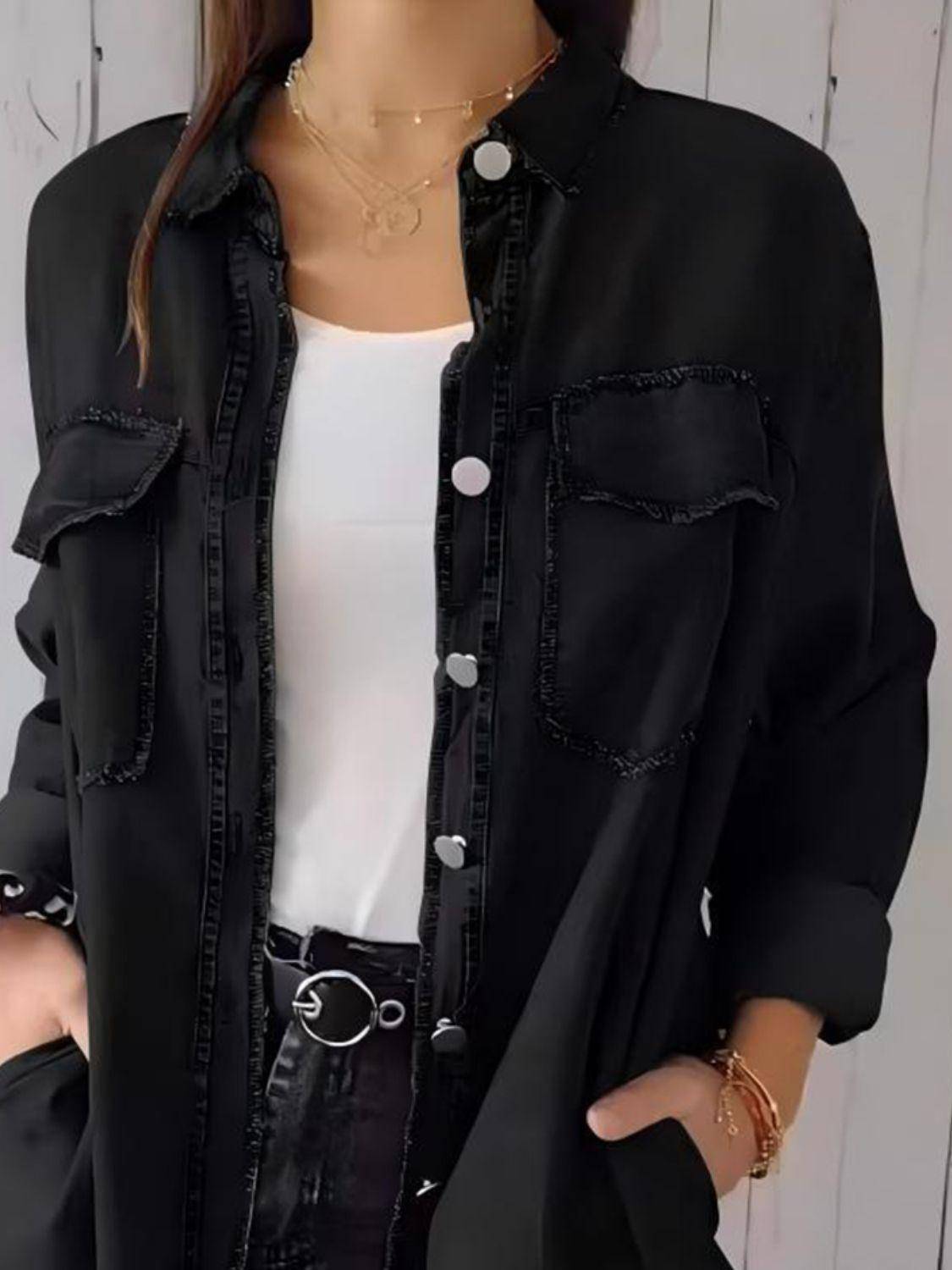 Denim Tops Blouses – Blouses | Full Raw Hem Button Up Long Sleeve Top - Modestly Vogue 