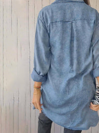 Denim Tops Blouses – Blouses | Full Raw Hem Button Up Long Sleeve Top - Modestly Vogue 