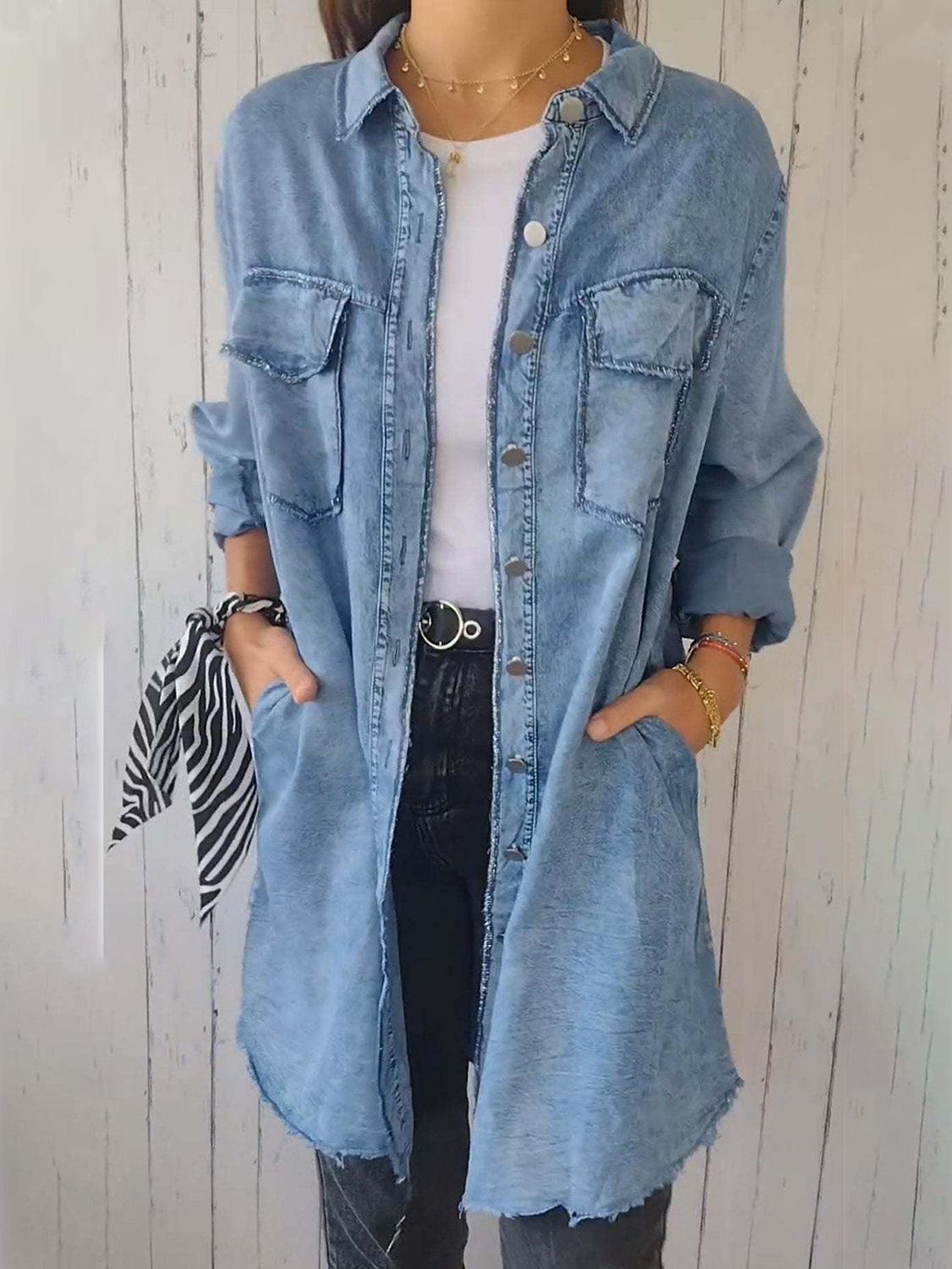 Denim Tops Blouses – Blouses | Full Raw Hem Button Up Long Sleeve Top - Modestly Vogue 