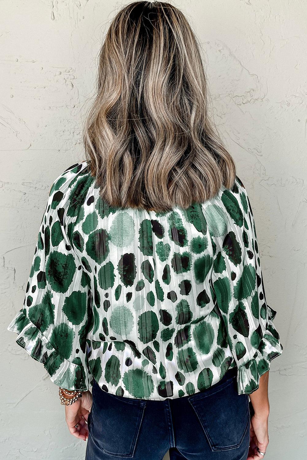 Stylish Tops & Blouses for Women – Trendy & Elegant Blouses for Every Occasion | Modestly Vogue Green Metallic Threading Accents Pleated Abstract Printed Ruffled 3/4 Sleeve Blouse - Modestly Vogue 