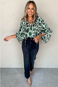 Stylish Tops & Blouses for Women – Trendy & Elegant Blouses for Every Occasion | Modestly Vogue Green Metallic Threading Accents Pleated Abstract Printed Ruffled 3/4 Sleeve Blouse - Modestly Vogue 