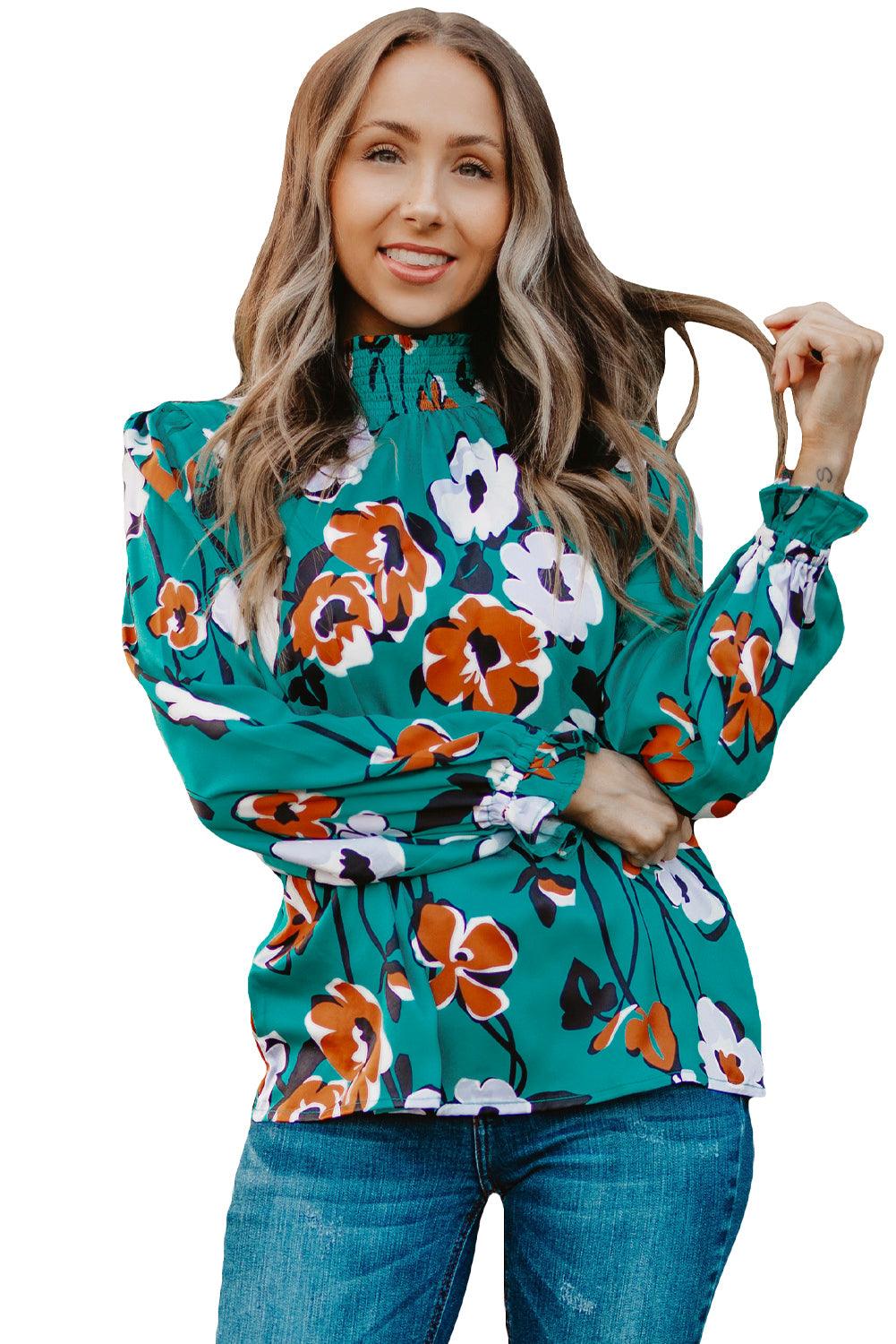 Tops Blouses Women – Blouses | Green Mock Neck Top Floral Print Long Sleeve Silk Blouse - Modestly Vogue 