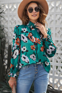 Tops Blouses Women – Blouses | Green Mock Neck Top Floral Print Long Sleeve Silk Blouse - Modestly Vogue 