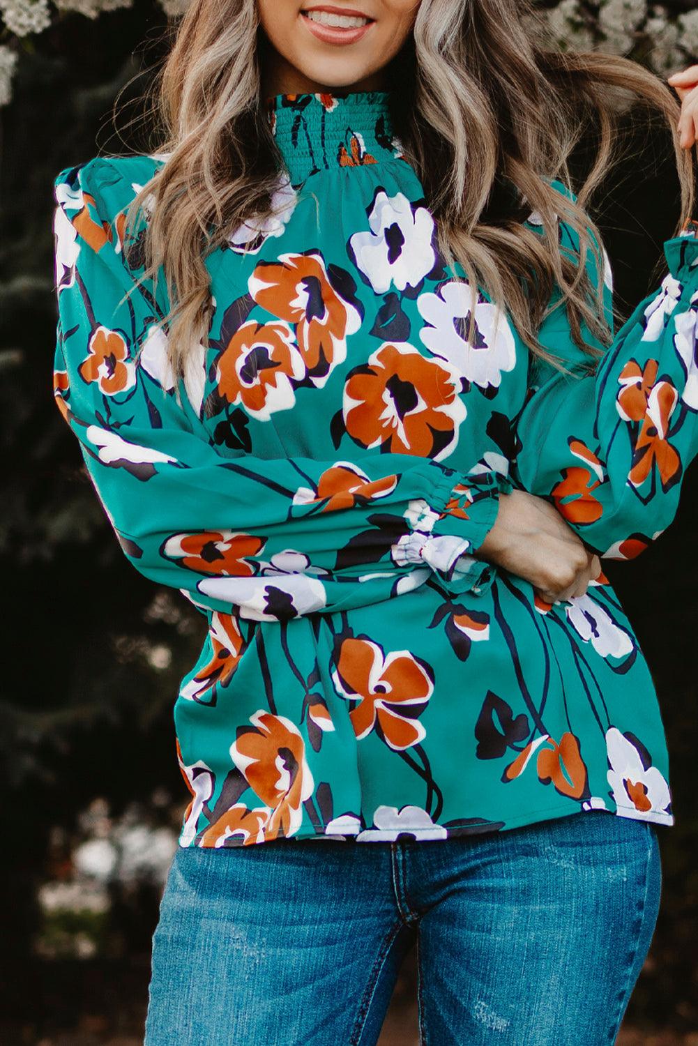 Tops Blouses Women – Blouses | Green Mock Neck Top Floral Print Long Sleeve Silk Blouse - Modestly Vogue 