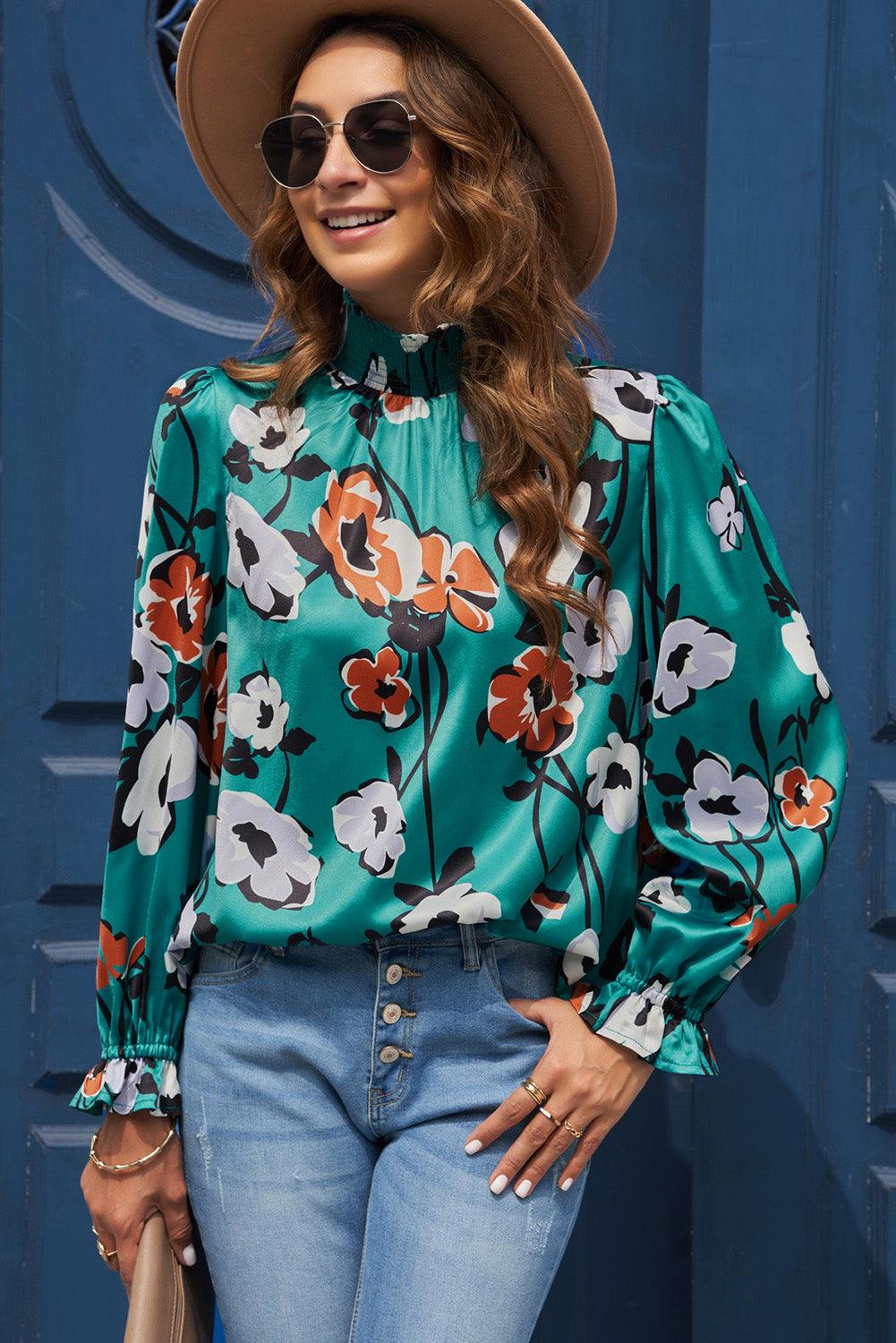 Tops Blouses Women – Blouses | Green Mock Neck Top Floral Print Long Sleeve Silk Blouse - Modestly Vogue 