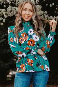 Tops Blouses Women – Blouses | Green Mock Neck Top Floral Print Long Sleeve Silk Blouse - Modestly Vogue 