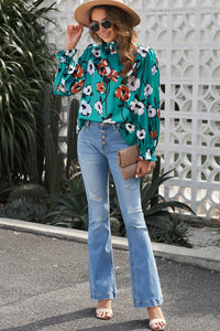 Tops Blouses Women – Blouses | Green Mock Neck Top Floral Print Long Sleeve Silk Blouse - Modestly Vogue 