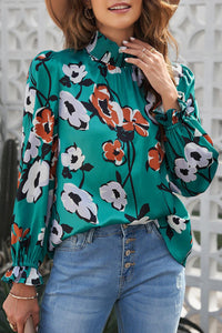 Tops Blouses Women – Blouses | Green Mock Neck Top Floral Print Long Sleeve Silk Blouse - Modestly Vogue 