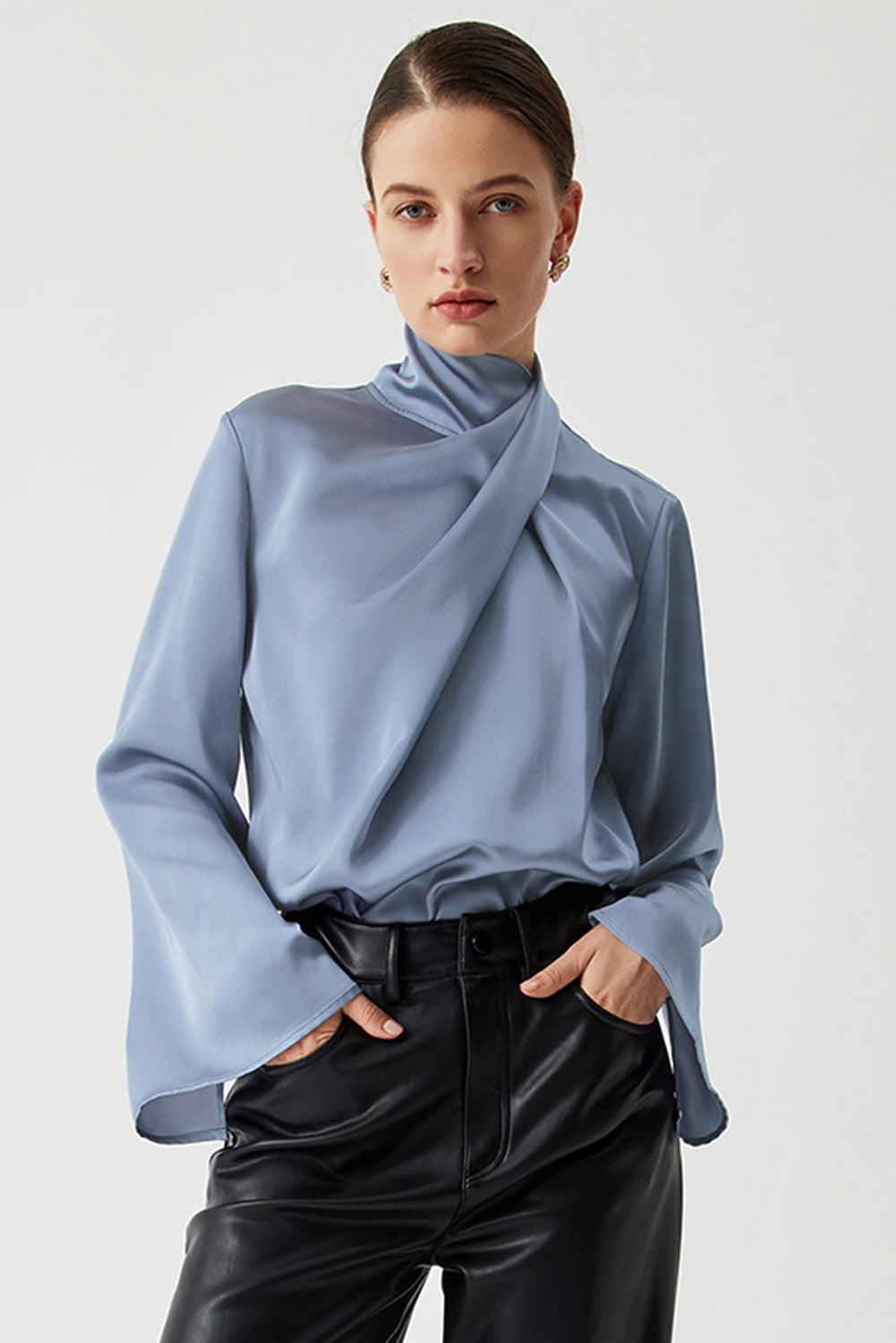 Ivy Asymmetric Turtleneck Blouse – Pleated Bell Sleeve Top - Modestly Vogue 