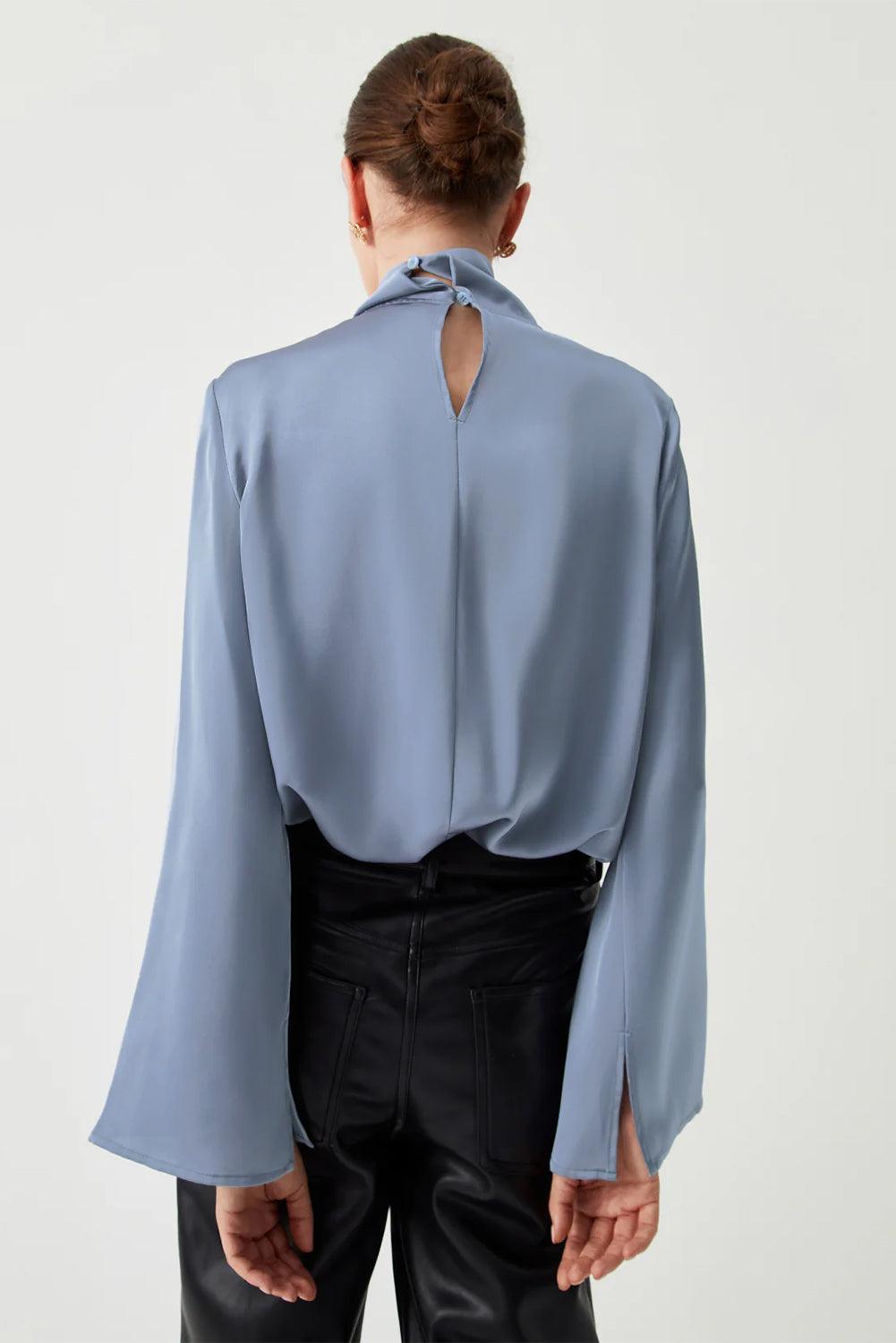 Ivy Asymmetric Turtleneck Blouse – Pleated Bell Sleeve Top - Modestly Vogue 