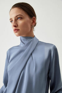 Ivy Asymmetric Turtleneck Blouse – Pleated Bell Sleeve Top - Modestly Vogue 