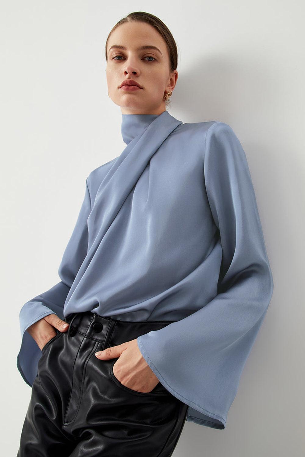 Ivy Asymmetric Turtleneck Blouse – Pleated Bell Sleeve Top - Modestly Vogue 