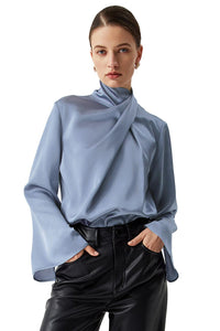 Ivy Asymmetric Turtleneck Blouse – Pleated Bell Sleeve Top - Modestly Vogue 