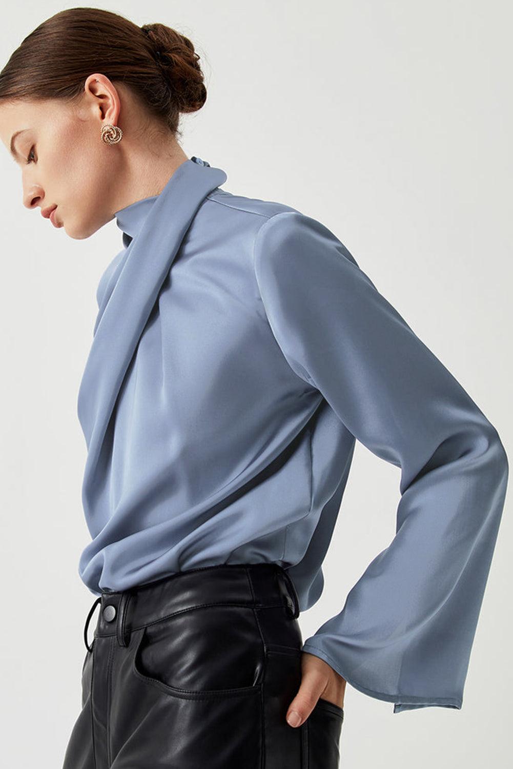 Ivy Asymmetric Turtleneck Blouse – Pleated Bell Sleeve Top - Modestly Vogue 