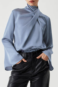 Ivy Asymmetric Turtleneck Blouse – Pleated Bell Sleeve Top - Modestly Vogue 