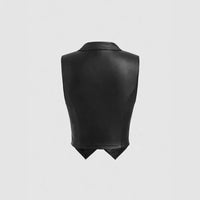 Black Leather Top Collar Short Waisted Button Faux Leather Vest - Modestly Vogue 