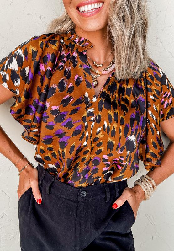 Stylish Tops & Blouses for Women – Trendy & Elegant Blouses for Every Occasion | Modestly Vogue Leopard Notched Short Sleeve Blouse - Modestly Vogue 