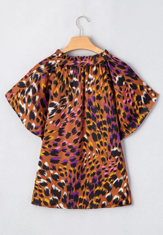 Stylish Tops & Blouses for Women – Trendy & Elegant Blouses for Every Occasion | Modestly Vogue Leopard Notched Short Sleeve Blouse - Modestly Vogue 