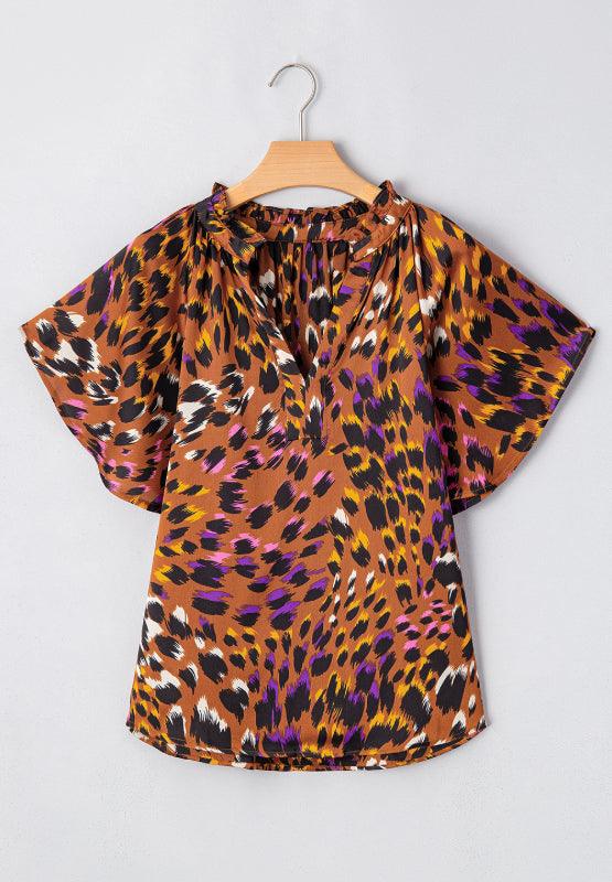 Stylish Tops & Blouses for Women – Trendy & Elegant Blouses for Every Occasion | Modestly Vogue Leopard Notched Short Sleeve Blouse - Modestly Vogue 