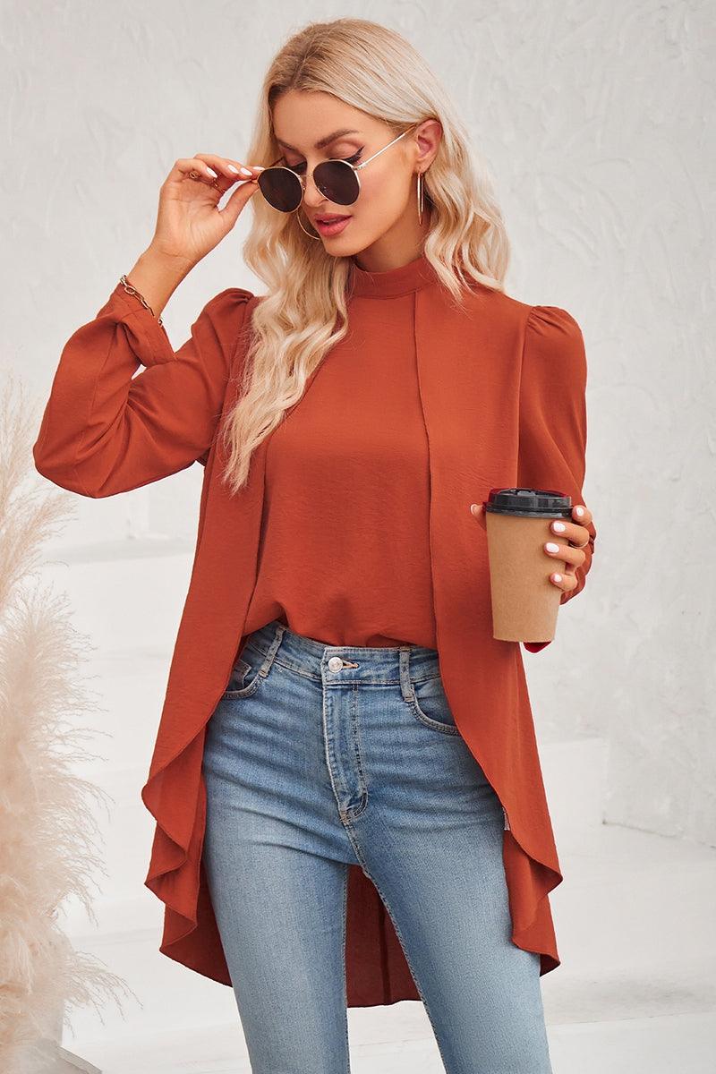 Mock Neck Hi-Low Top – Solid Loose Fit Blouse Women - Modestly Vogue 