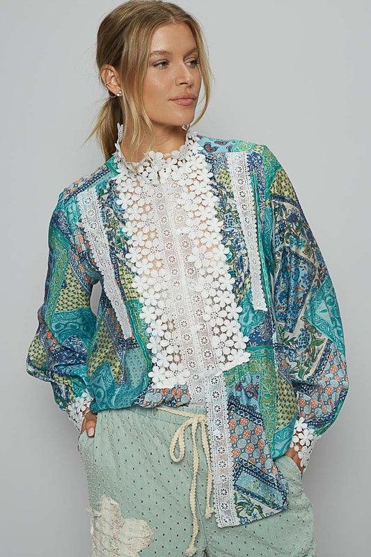 Boho Chic Lace Detail Printed Button Down Shirt - Modestly Vogue 