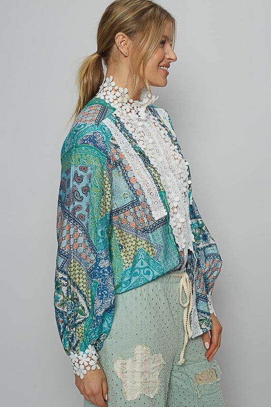 Boho Chic Lace Detail Printed Button Down Shirt - Modestly Vogue 