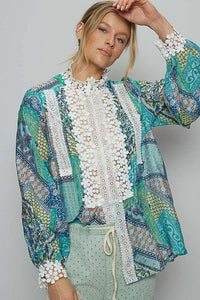 Boho Chic Lace Detail Printed Button Down Shirt - Modestly Vogue 