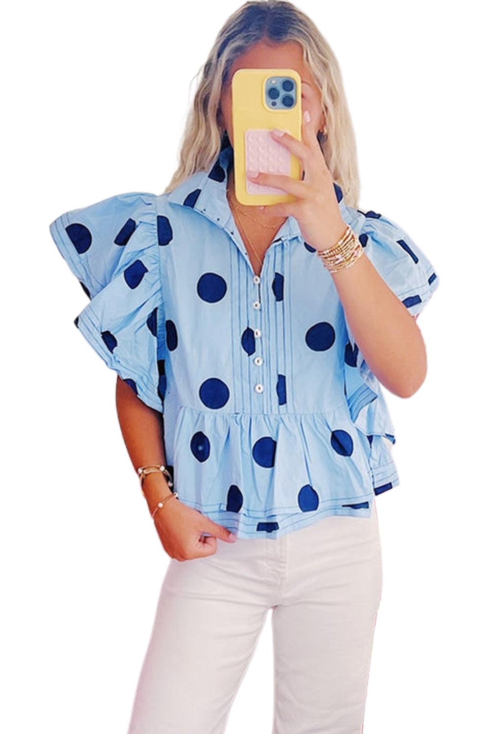 Tops Blouses Women – Blouses | Sky Blue Polka Dot Print Ruffled Short Sleeve Buttoned Collared Blouse - Modestly Vogue 