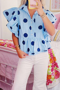 Tops Blouses Women – Blouses | Sky Blue Polka Dot Print Ruffled Short Sleeve Buttoned Collared Blouse - Modestly Vogue 