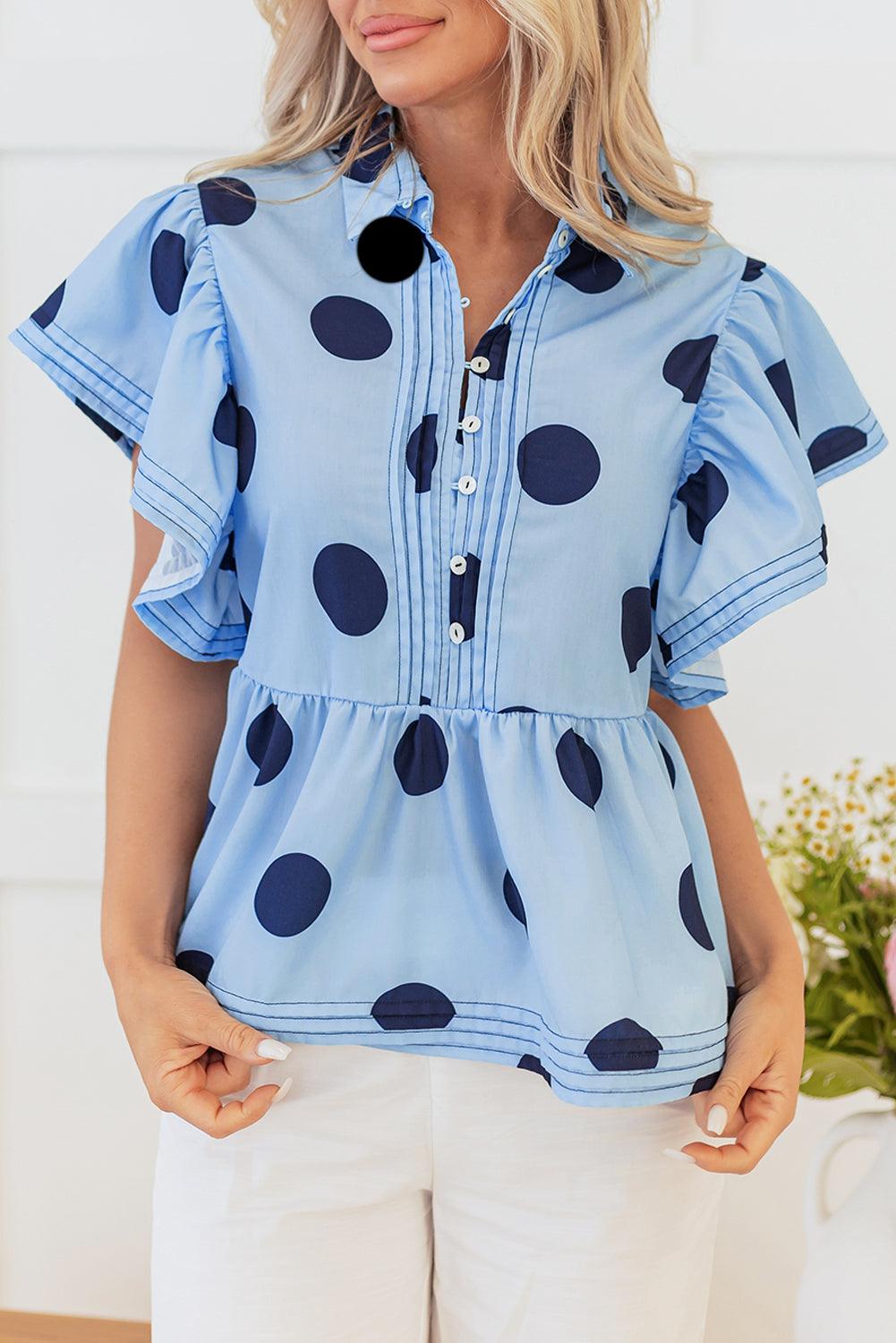 Tops Blouses Women – Blouses | Sky Blue Polka Dot Print Ruffled Short Sleeve Buttoned Collared Blouse - Modestly Vogue 